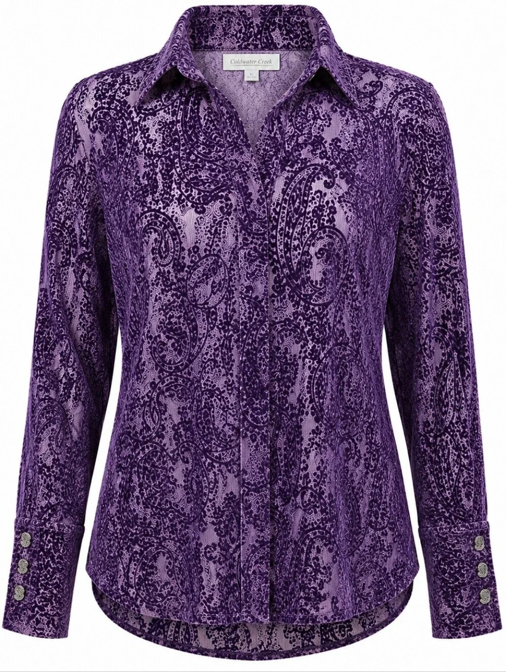 COLDWATER CREEK | Purple Burnout Velvet Paisley Button Down Blouse | XL Petite